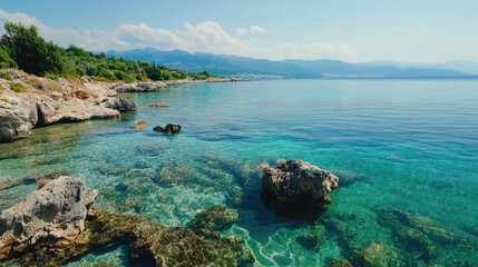 Fototapeta premium Coastal Paradise: Captivating vista of a stunning shoreline, boasting crystal-clear turquoise water, rocky edges, and a serene ambiance. Capturing the essence of a perfect coastal retreat.