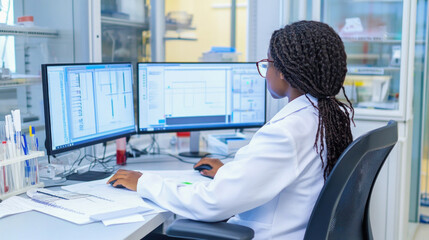 Scientist analyzing data on computer in modern laboratory