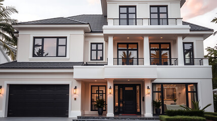Fototapeta premium Luxury Modern Home Exterior: Elegant White House with Black Windows and Balcony