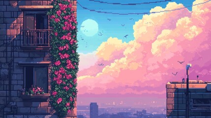 Pixel art cityscape at sunset with building, flowers, and birds.