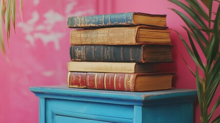 Stack of antique books on a blue table against a pink wall.