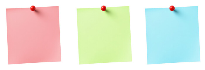 Pink, green, and blue sticky notes pinned with red thumbtacks isolated on transparent background, cut out