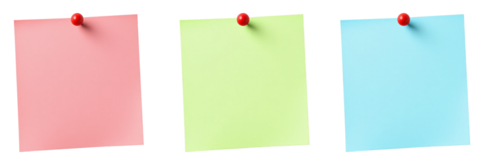 Pink, green, and blue sticky notes pinned with red thumbtacks isolated on transparent background, cut out