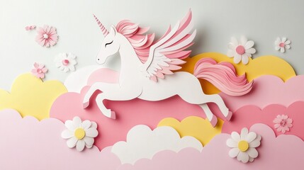 Paper art pegasus unicorn flying over clouds and flowers.