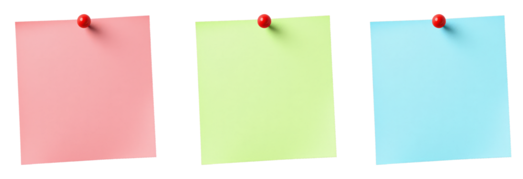 Pink, green, and blue sticky notes pinned with red thumbtacks isolated on transparent background, cut out