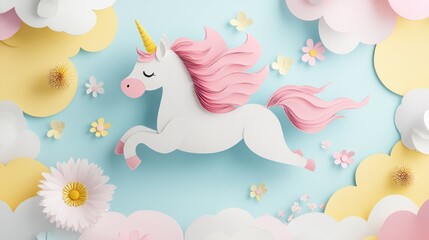 Obraz premium Paper art unicorn flying among clouds and flowers.