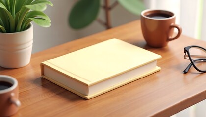 Fototapeta premium Pastel Yellow Notebook on Wooden Desk Coffee Book