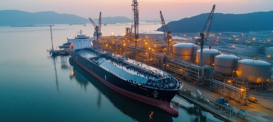 Lng tanker moored at industrial port with storage tanks and cranes at sunset
