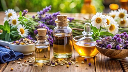 Aromatherapy oil blending session with various essential oils like lavender, tea tree and chamomile