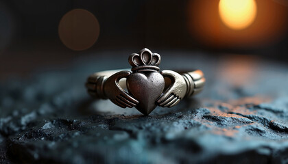 Dark Metal Claddagh Ring with Intricate Design on Textured Surface