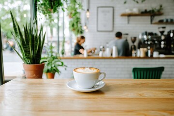 Aromatic Cappuccino on Wooden Table in Cozy Coffee Shop