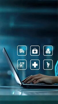 Close up of nurse working on laptop with digital health icons in the background, digital healthcare network and first healthcare insurance technology concept