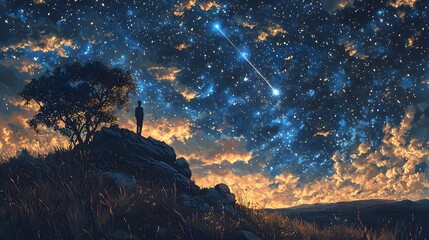 A person witnessing a meteor shower from a quiet hilltop, their silhouette framed against the dazzling night sky