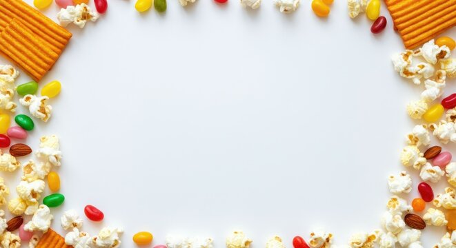 Popcorn, chips, and candies forming border on white background