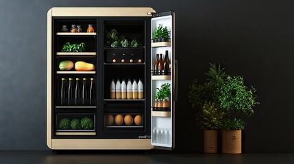 Fully stocked fridge with fresh produce, juices, and dairy products, neatly displayed in a front view of the two-door design.