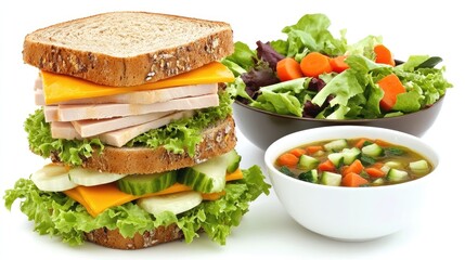 Healthy lunch turkey sandwich, salad, soup