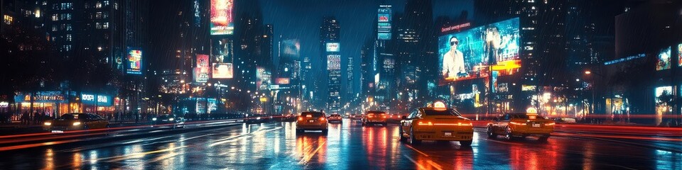 Obraz premium Urban road illuminated by LED streetlights, self-driving cars cruise in designated lanes. Holographic billboards and vibrant city skyline create a futuristic night vibe.