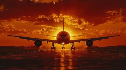 Plane takes off at sunset on airport runway with bright sun in background.