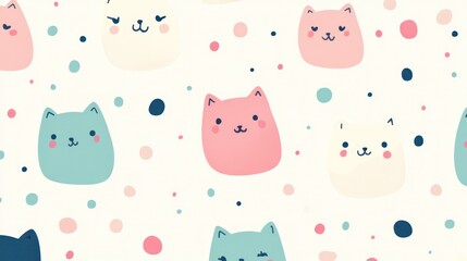 Cute pastel cats and dots seamless pattern.
