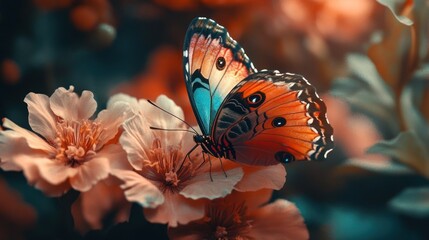 Colorful butterfly on peach blossom, garden background, nature imagery