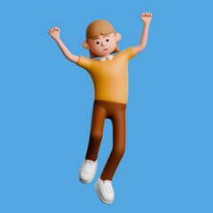 3D illustration of European female cartoon character in casual brown clothes, leaping into the air with excitement, arms raised high in joy. Isolated on blue background.