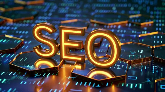 A 3D glowing golden text SEO on top of digital background