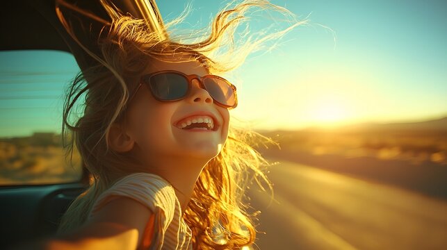 A child leaning out of a car window on a sunny road trip, the wind blowing their hair back as they laugh with delight