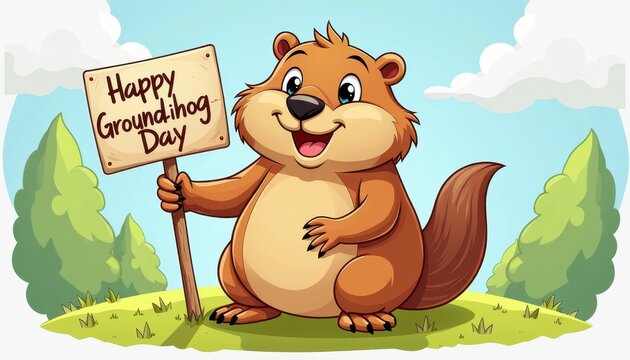 Cheerful Groundhog Celebrates Happy Groundhog Day Against a Stunning Blue Sky Wonderland - Powered by Adobe