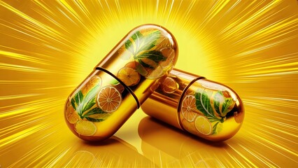 Fototapeta premium Golden Capsules with Citrus and Herbs: Healthy Supplement Concept