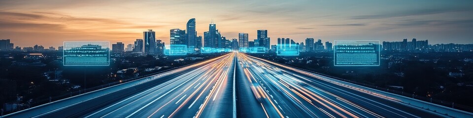 Fototapeta premium Highway stretches toward futuristic skyline of glowing blue and silver skyscrapers. Electric cars zoom along, with dynamic smart traffic signs enhancing the advanced urban vibe.