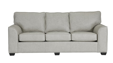 A  leather sofa in a minimalist design with wooden legs + clipping path. The sofa is isolated on a White background.