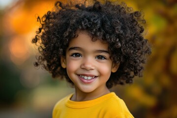 Young child with curly hair smiling outdoors in autumn scenery, enjoying nature and warmth, embodying happiness and innocence in a playful moment.