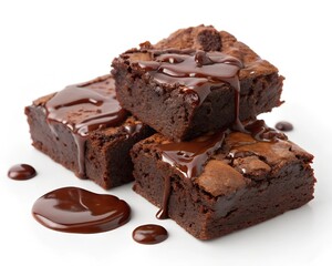 Brownies With Melted Chocolate Isolated on White Background