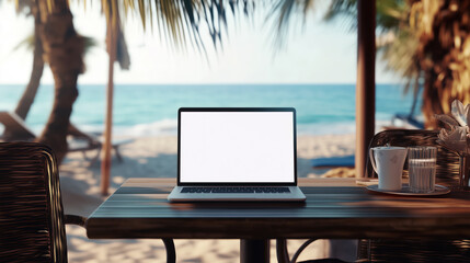 Laptop mockup on the table on the tropical ocean beach with palm trees and sand. Laptop computer with empty blank white screen mock up on the wooden table, tropical resort in the background