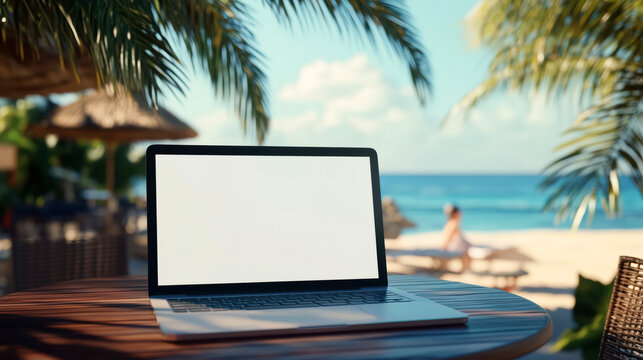 Laptop mockup on the table on the tropical ocean beach with palm trees and sand. Laptop computer with empty blank white screen mock up on the wooden table, tropical resort in the background