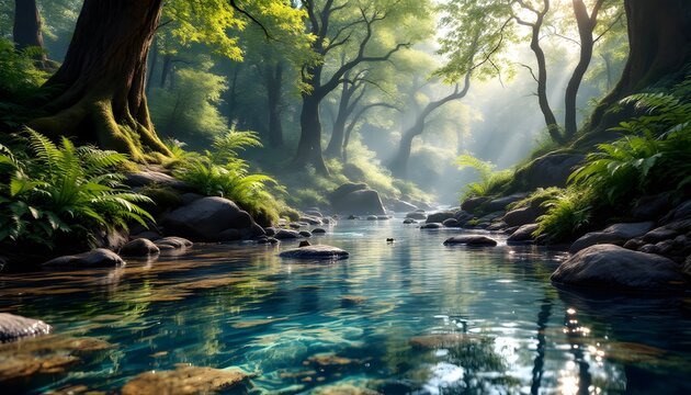 Ultra-realistic scene of a crystal-clear stream flowing through a serene forest ecosystem, surrounded by towering trees and thick underbrush. The water should be visibly clear and reflective, with roc