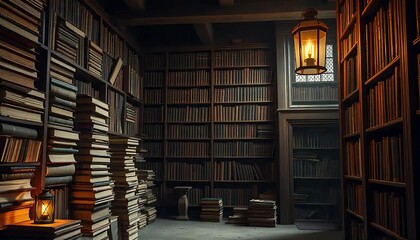 A dimly lit antique library filled with countless books