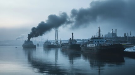 Industrial Smog Over River: A brooding, atmospheric image depicting a hazy river scene dominated by industrial structures emitting plumes of dark smoke into the misty air.
