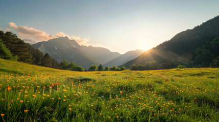 Fototapeta premium Golden Meadow Sunset: Mountain Panorama with Wildflowers and Radiant Light