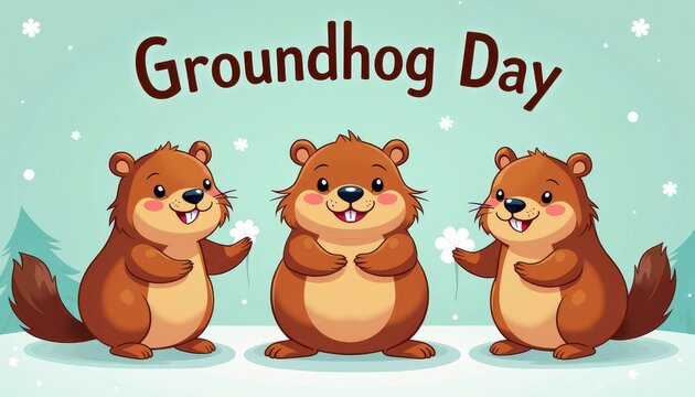 Playful Groundhog Day Greeting Card: Animated Brown and Cream Groundhogs Holding Flowers Against Blue and White Background
