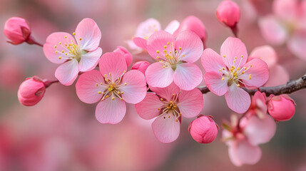 Obraz premium A close-up of pink and white springtime blossoms on a tree branch with a blurred background