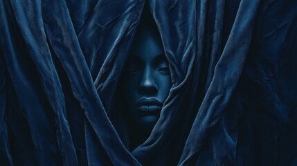 A Serene Face Partially Hidden By Dark Blue Fabric