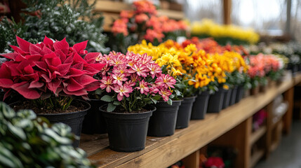 Fototapeta premium A collection of seasonal plants like poinsettias for winter and daffodils for spring
