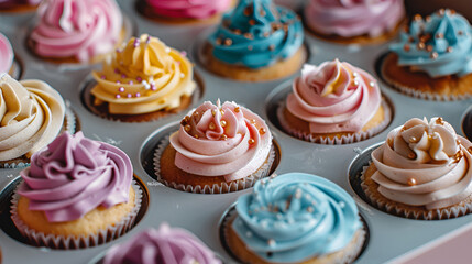 Many tasty cupcakes with colorful cream in box