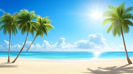 Tropical Paradise: Idyllic Beach Scene with Palm Trees and Azure Ocean