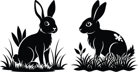 two rabbits at grass silhouette vector