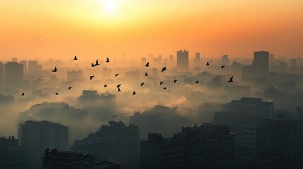 Fototapeta premium Cityscape Sunrise with Birds: A breathtaking aerial view captures a cityscape shrouded in morning mist, with a flock of birds silhouetted against a vibrant sunrise.