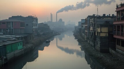 Industrial Dawn: A city awakes to the day, as plumes of smoke rise from an industrial chimney reflecting in the murky waters of a narrow canal.