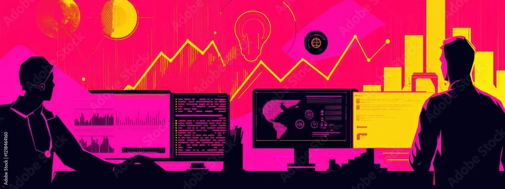 Poster data analysis and innovation in technology with colorful visuals and abstract graphics