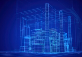 A digital blueprint of an industrial facility, showcasing a three-dimensional structure with prominent smokestacks against a blue background.